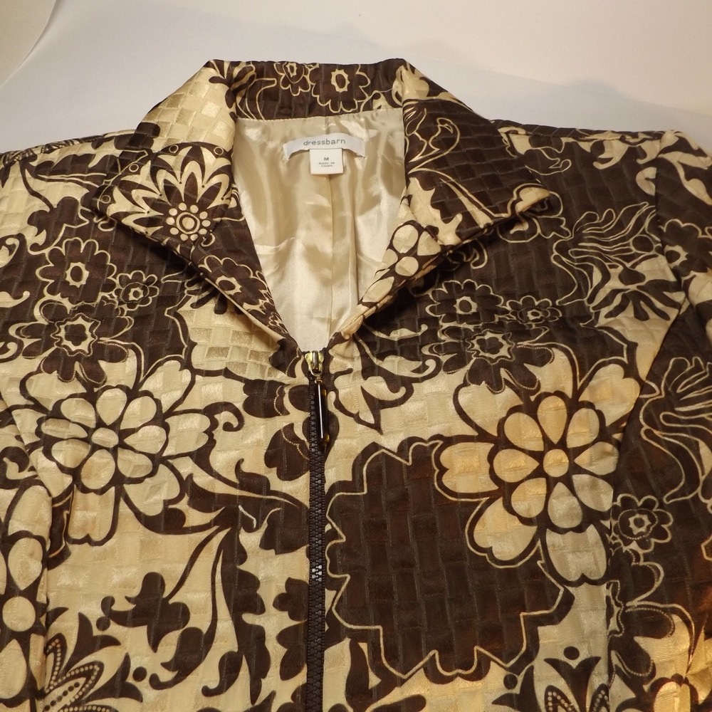 Dressbarn Womens Brown Gold Floral Brocade Zip Front Jacket M Textured Lined